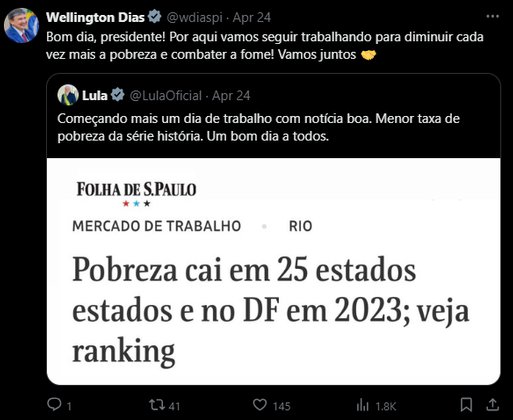 Repostagem e comentário atribuído de W. Dias após comemoração de Lula