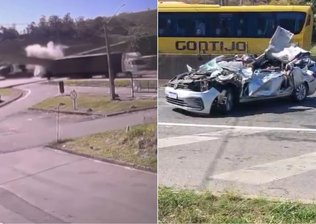 Caminhão atinge passarela, que desaba sobre veículos e deixa dois mortos