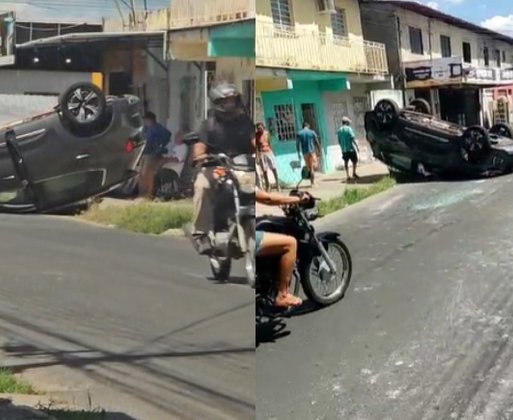 Carro capota após motorista perder controle ao passar por trilhos do metrô em Teresina
